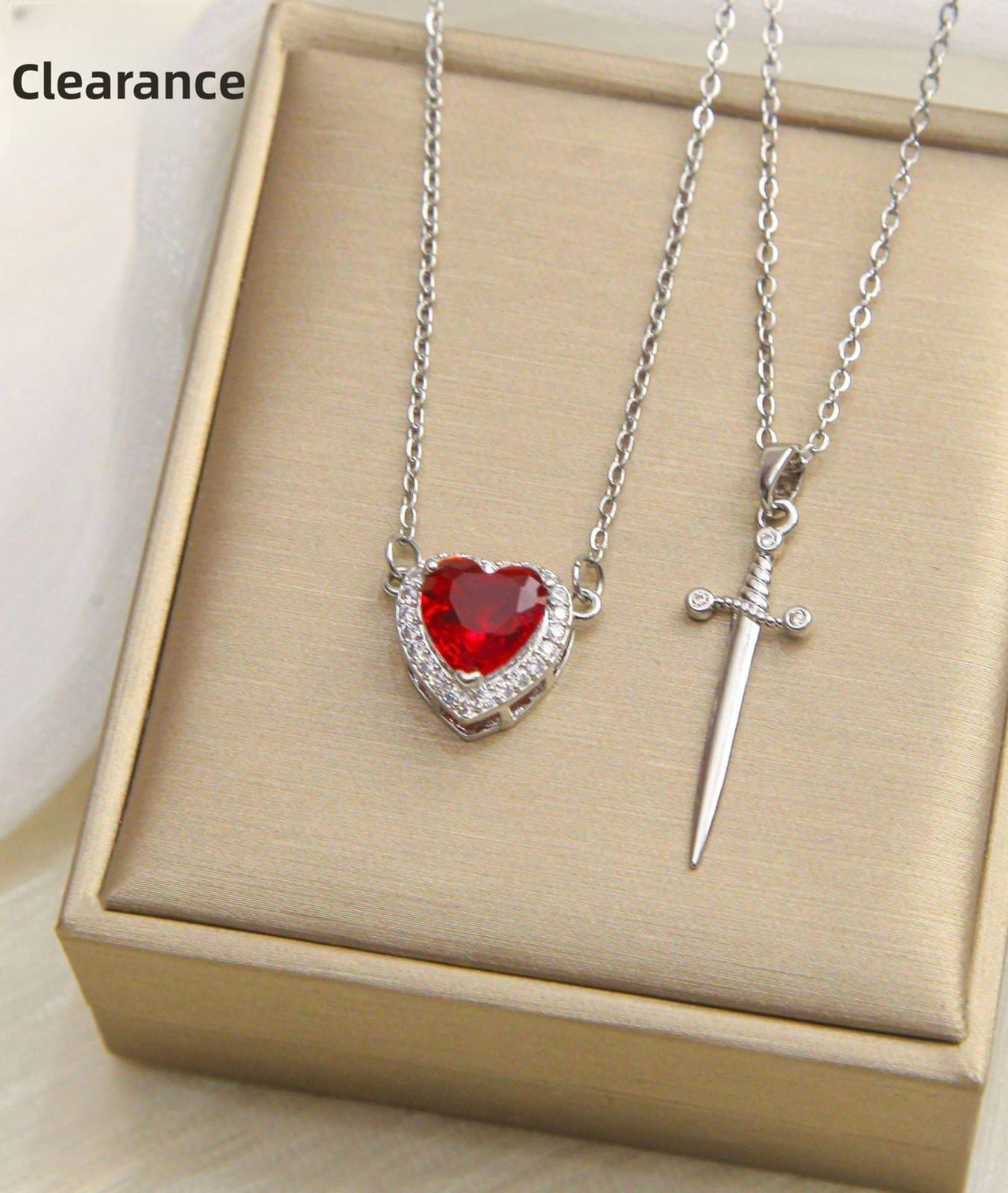 Red Zircon Heart Sword Pendant Couple Necklace Titanium Steel