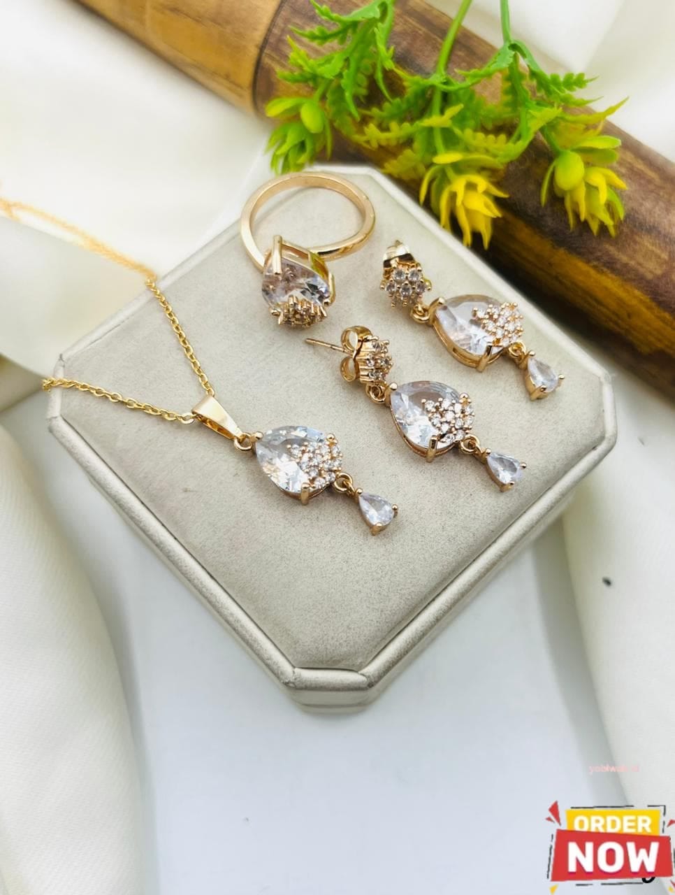 Zircon Diamond Locket & Ring Set Gold Plated for Women | Sparkling Jewelry Collection