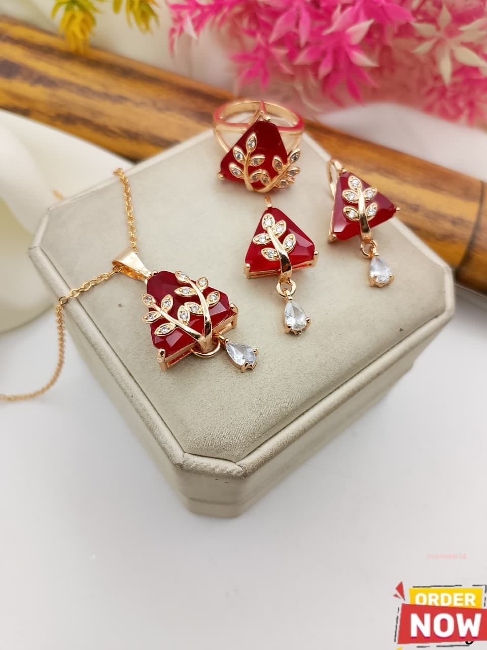 Gold Plated Zircon Diamond Locket Set with Rings for Women | Elegant Jewelry Set