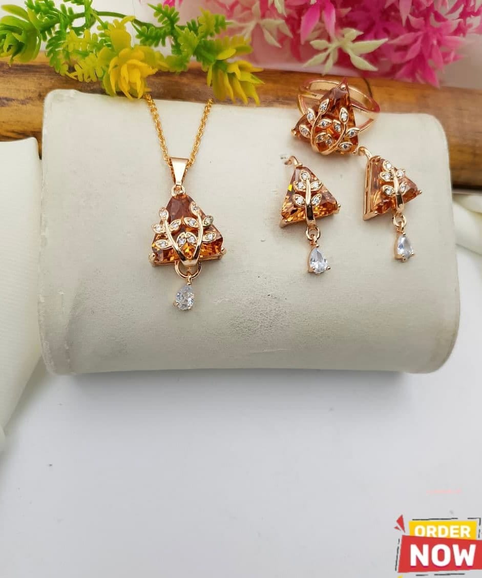 Gold Plated Zircon Diamond Locket Set with Rings for Women | Elegant Jewelry Set