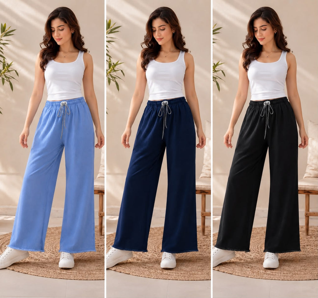 High Quality Plain Stretchable Wide Leg Jeans – Elastic Waist & Drawstring | 3 Colors 🔥