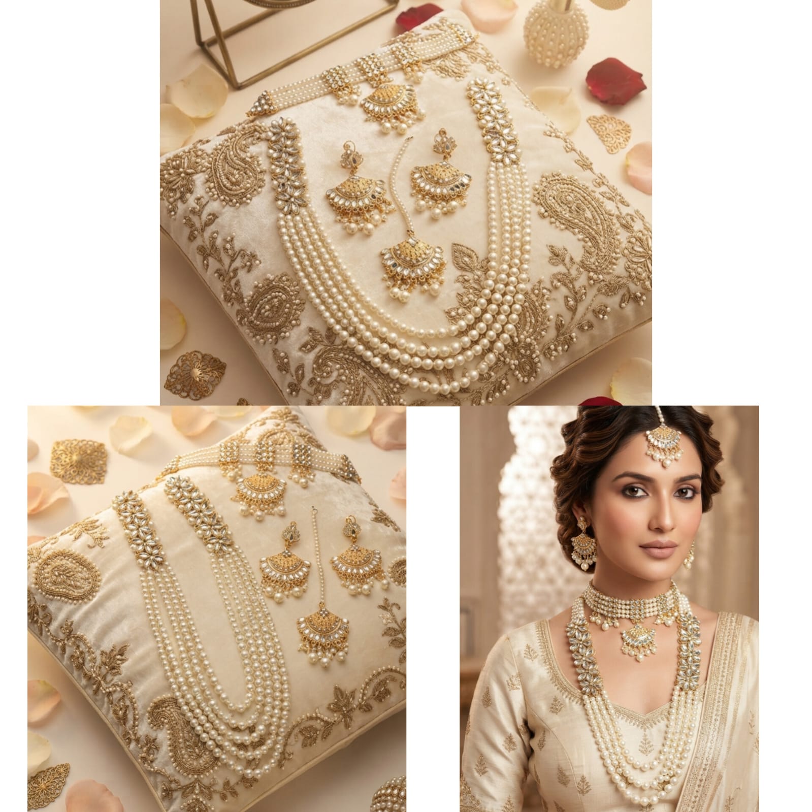 Farshi Kundan & Pearl Gajra Choker Set with Mala – Bridal Jewelry