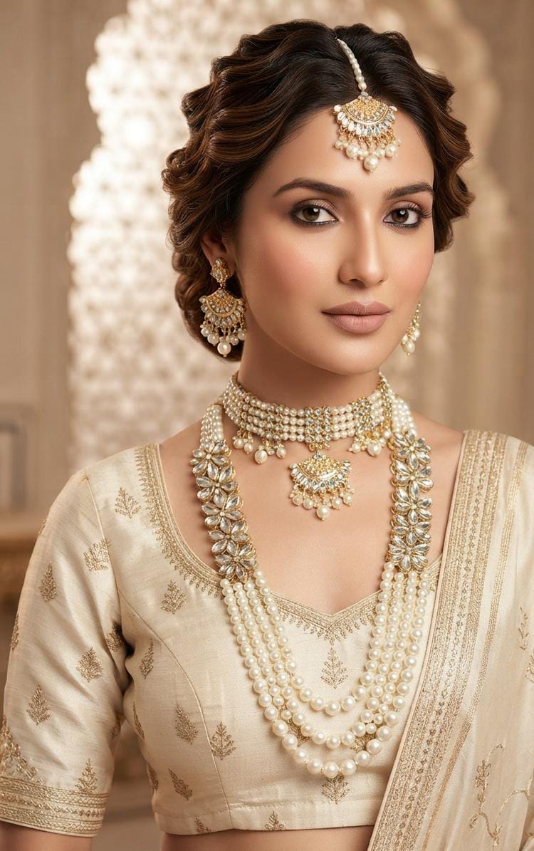 Farshi Kundan & Pearl Gajra Choker Set with Mala – Bridal Jewelry