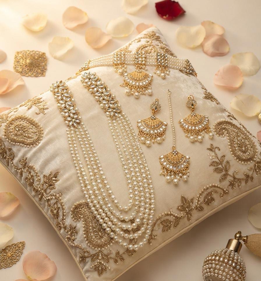 Farshi Kundan & Pearl Gajra Choker Set with Mala – Bridal Jewelry