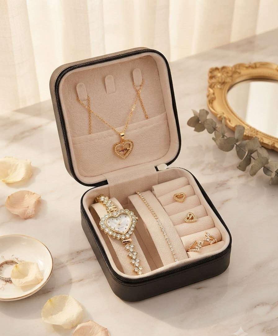Ladies 5-Piece Luxury Gift Set – Watch, Zircon Jewelry & Gift Box