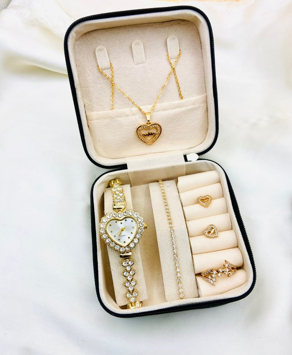 Ladies 5-Piece Luxury Gift Set – Watch, Zircon Jewelry & Gift Box