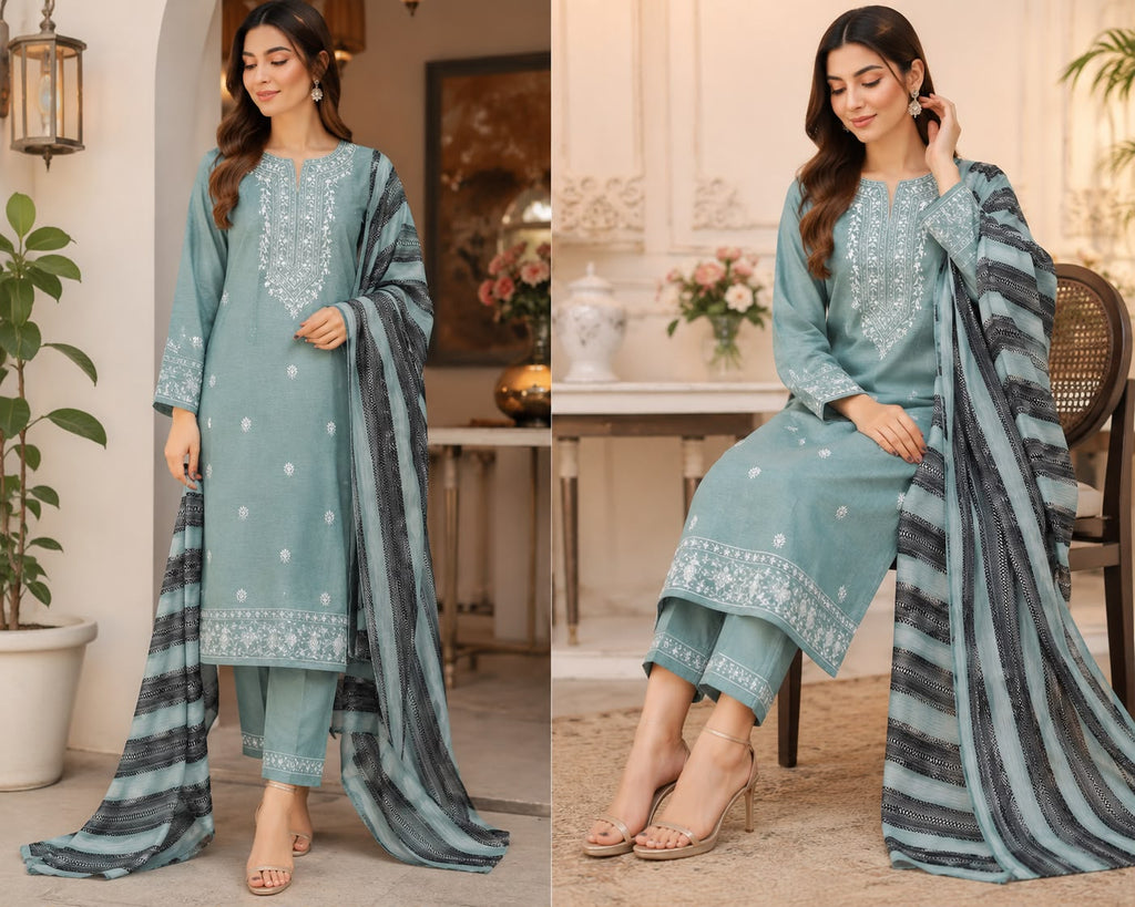 3-Piece Marina Winter Suit – Cross Stitch Kurta & Jacquard Chadar