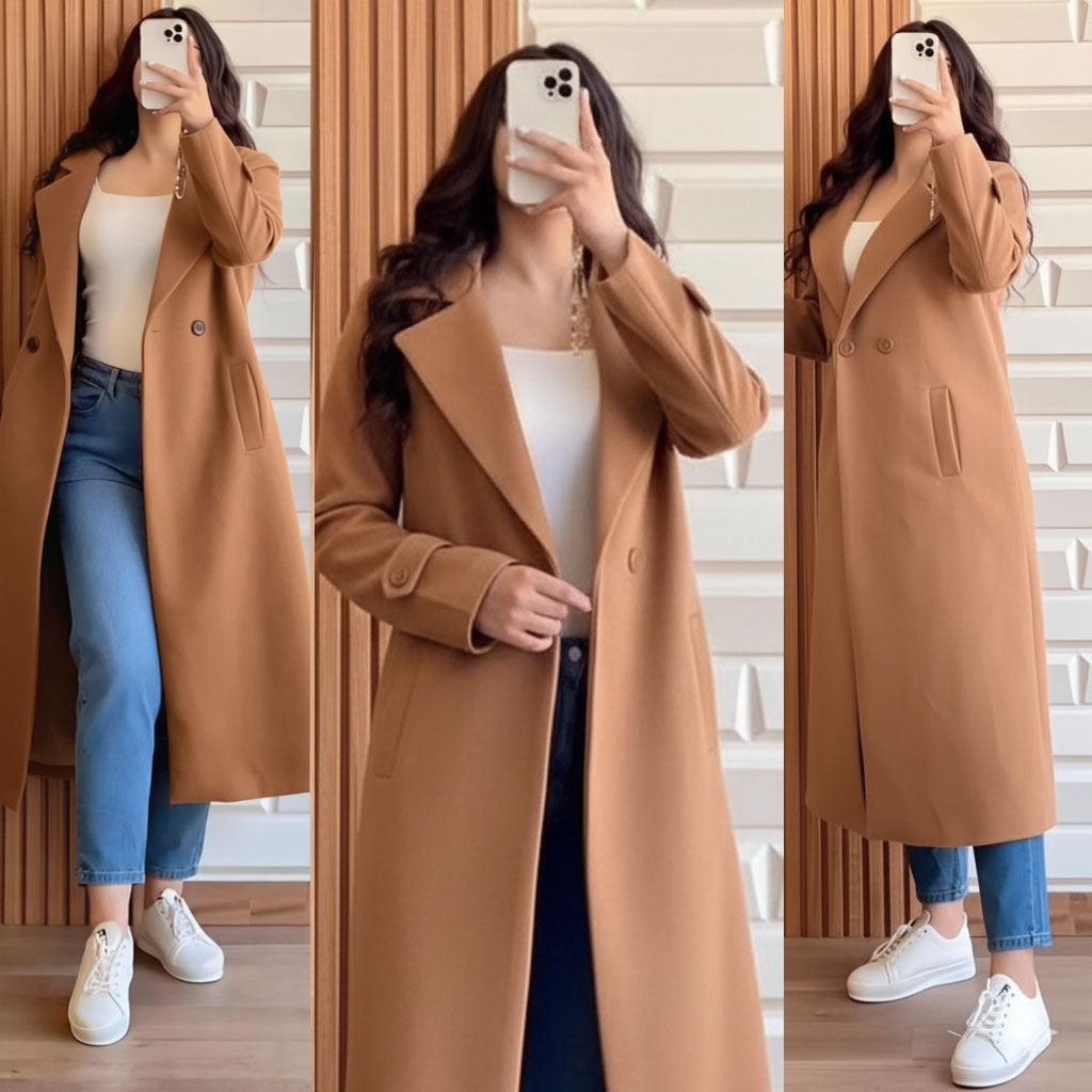 Winter Double Fleece Long Button Coat – Cross Pockets