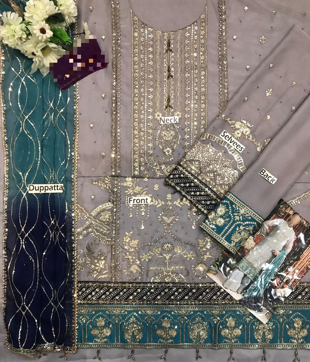 Heavy Embroidered Chiffon Suit with Pearl Work & Tie-Dye Dupatta – Unstitched