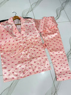 3-Piece China Silk Nightwear Suit – Bow Print & Piping with Hair Scrunch