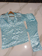 3-Piece China Silk Nightwear Suit – Bow Print & Piping with Hair Scrunch