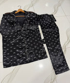 3-Piece China Silk Nightwear Suit – Bow Print & Piping with Hair Scrunch
