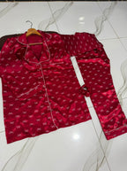 3-Piece China Silk Nightwear Suit – Bow Print & Piping with Hair Scrunch