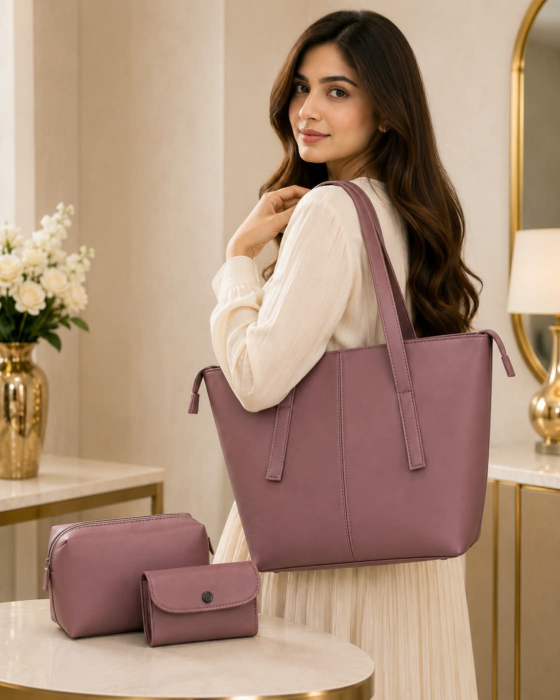 Elegant 3-Piece Tote Bag Set – Tote + Pouch + Mini Wallet