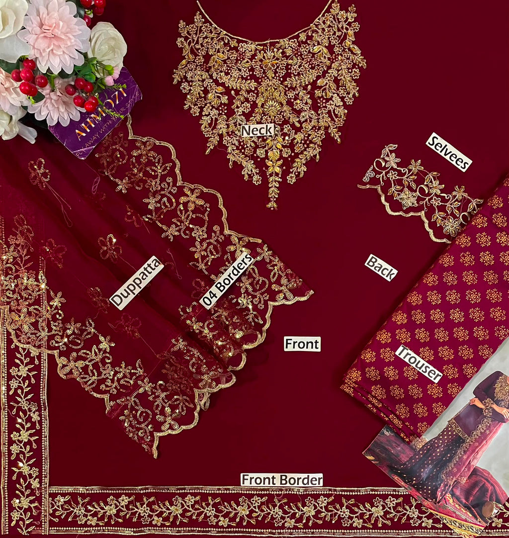 Luxury 3-Piece Unstitched Chiffon Suit – Heavy Adda Work & Organza Dupatta