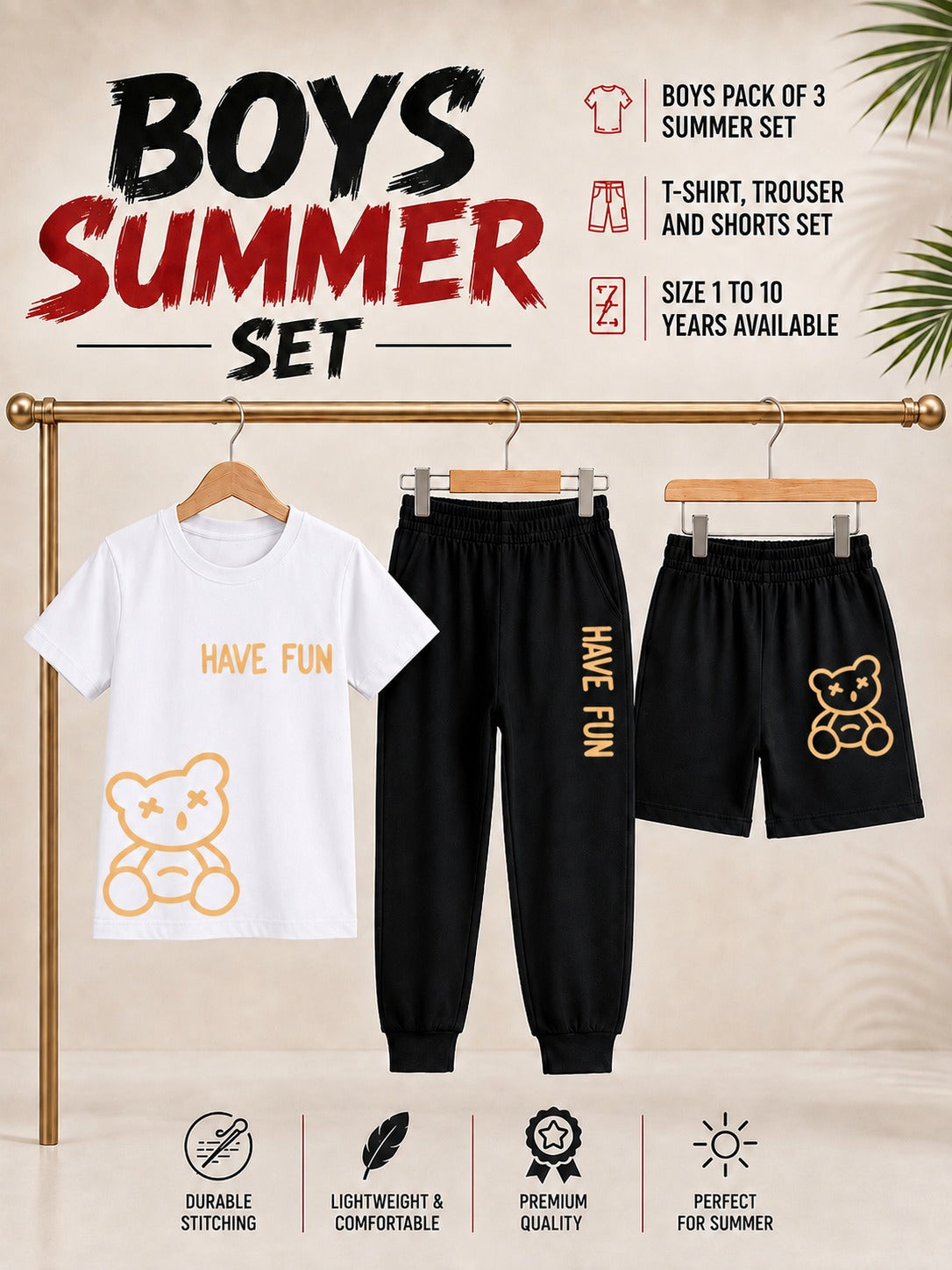 Pack of 3 Kids T-Shirt, Trouser & Shorts Set