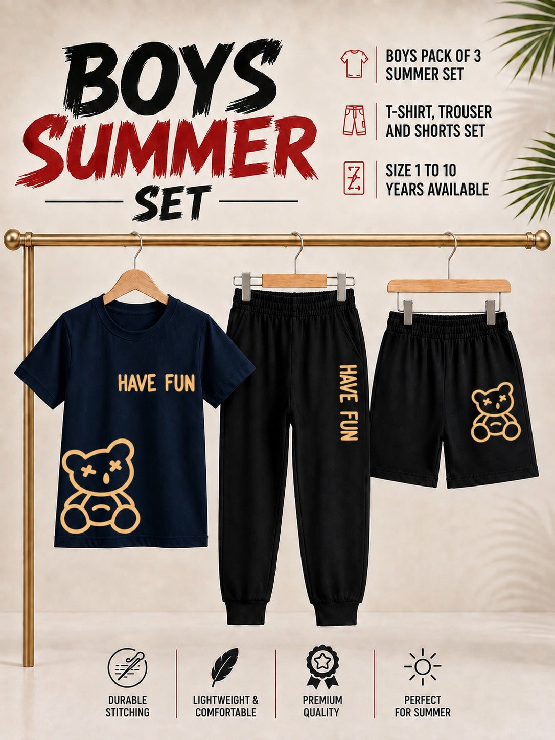 Pack of 3 Kids T-Shirt, Trouser & Shorts Set