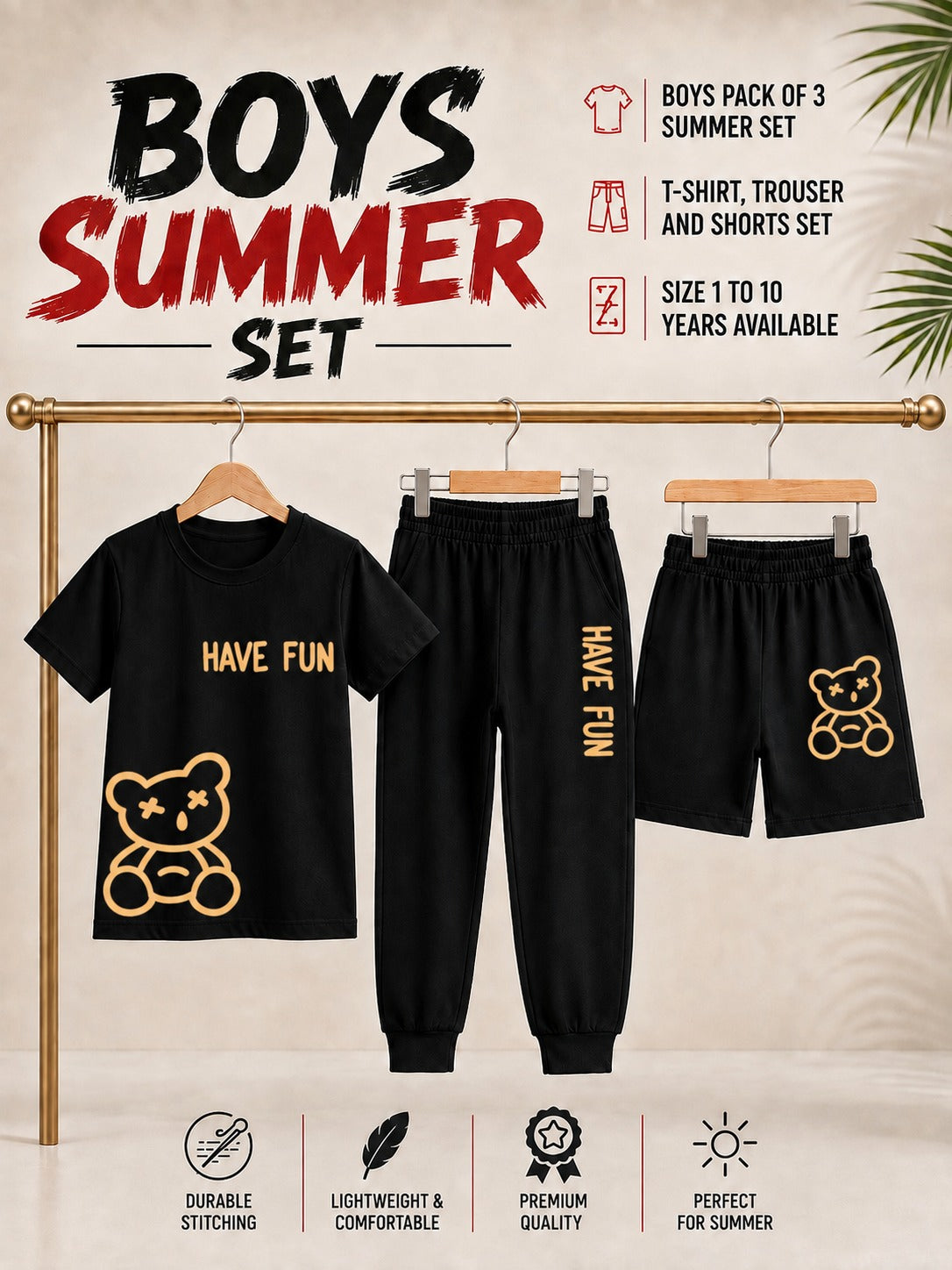 Pack of 3 Kids T-Shirt, Trouser & Shorts Set