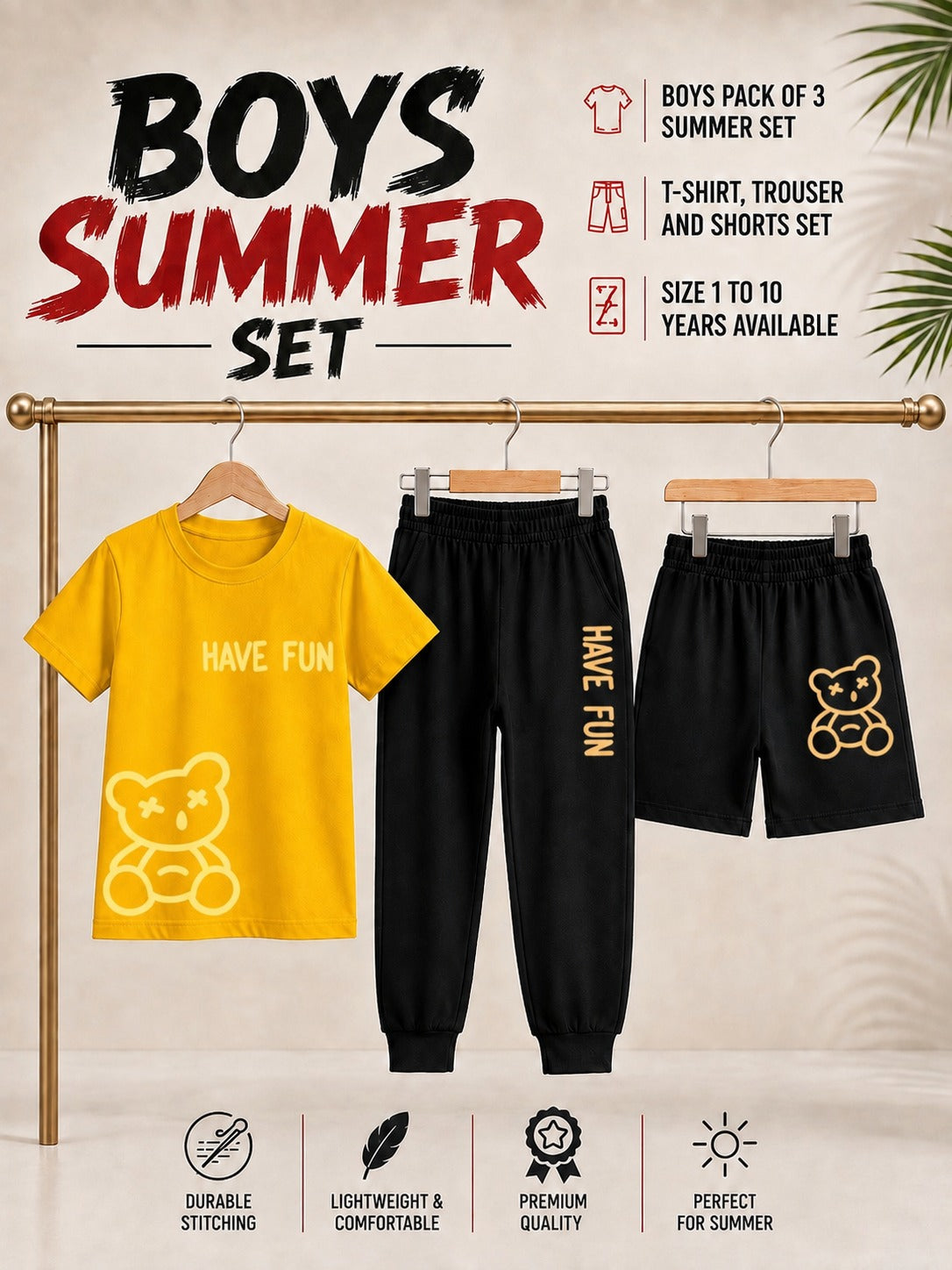 Pack of 3 Kids T-Shirt, Trouser & Shorts Set