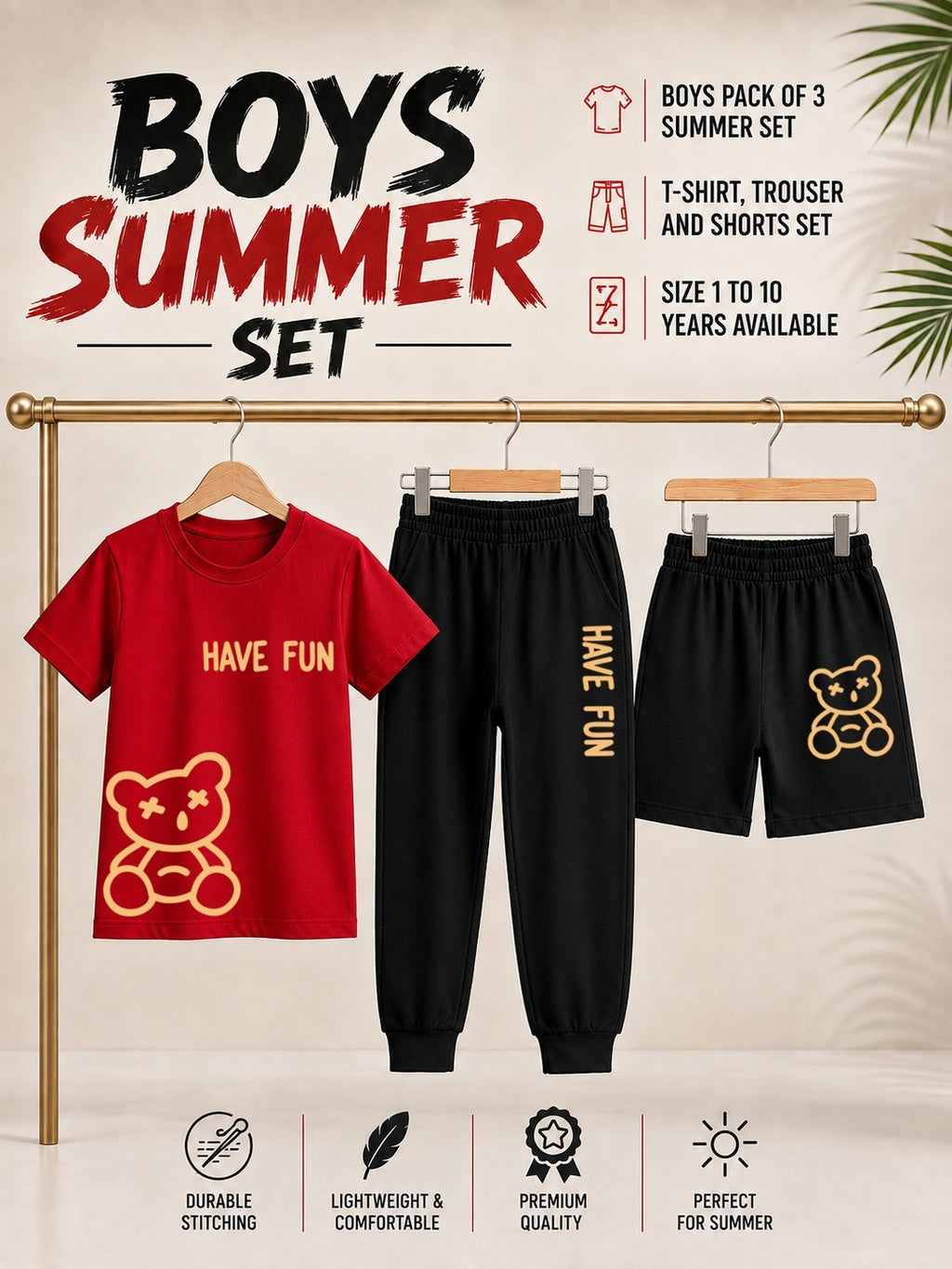 Pack of 3 Kids T-Shirt, Trouser & Shorts Set