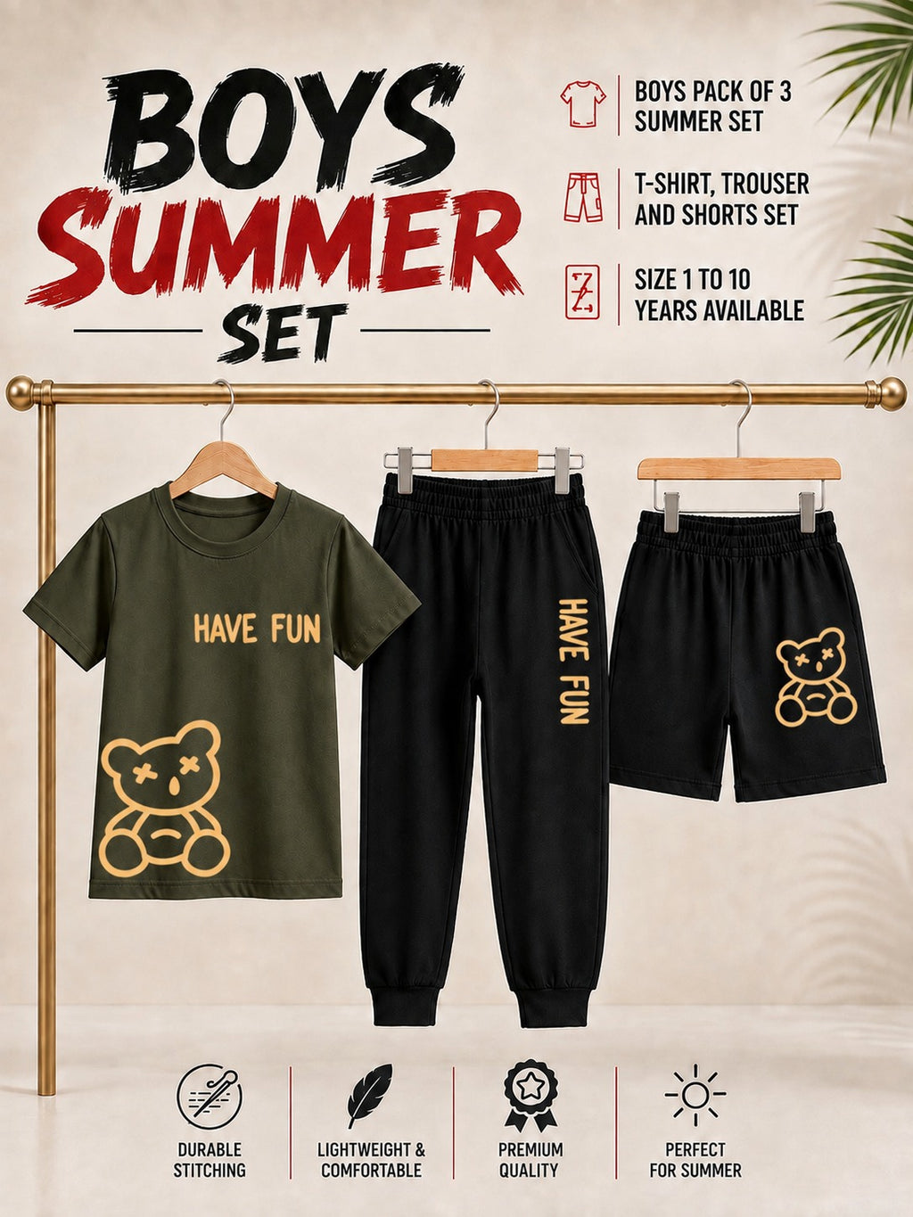 Pack of 3 Kids T-Shirt, Trouser & Shorts Set