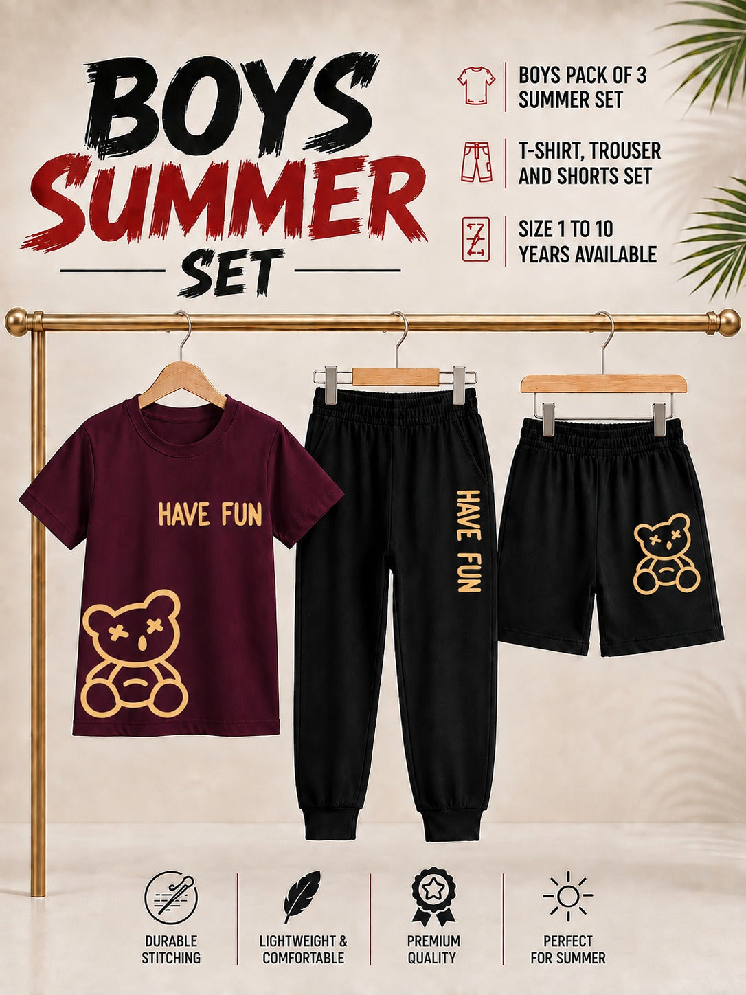 Pack of 3 Kids T-Shirt, Trouser & Shorts Set