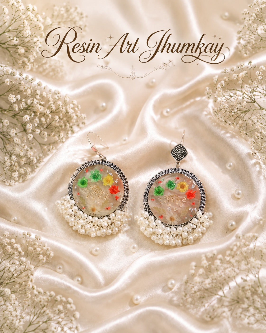 Customized Handcrafted Resin Art Jhumkay with Dried Flowers & Your Name
