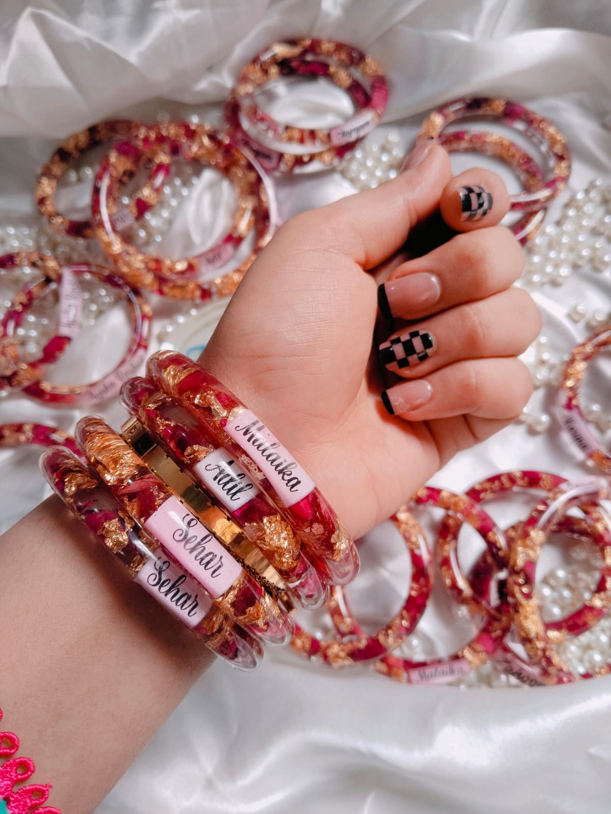 Pair of Customised Resin Art Bangles with Floral & Glitter Design