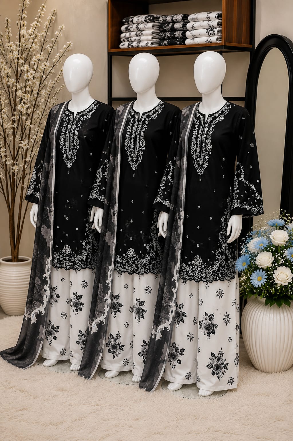 3-Piece Ready to Wear Premium Cotton Embroidered Suit with Digital Printed Farshi Shalwar