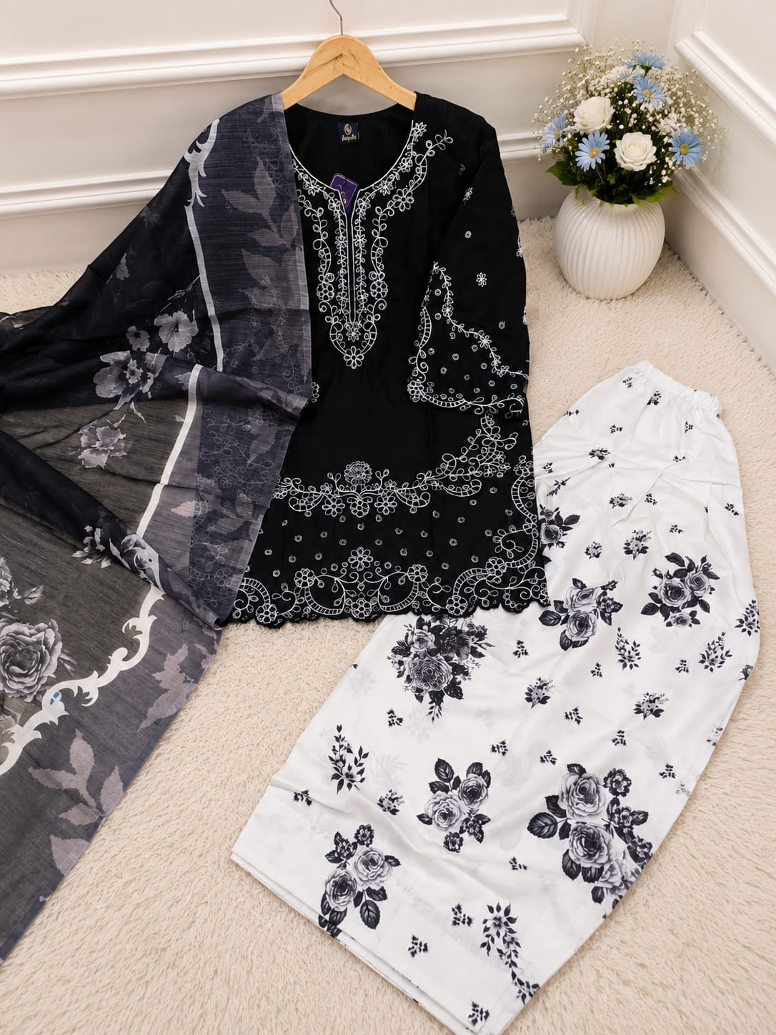 3-Piece Ready to Wear Premium Cotton Embroidered Suit with Digital Printed Farshi Shalwar