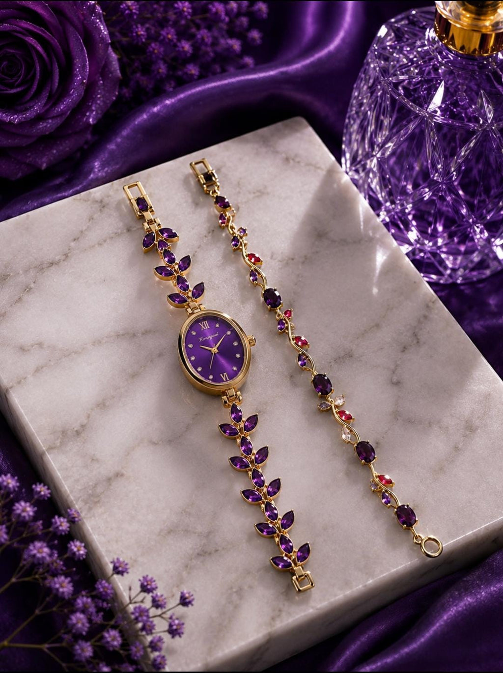 Luxury Gift Set for Her: Stone Watch & Tulip Hand Bracelets