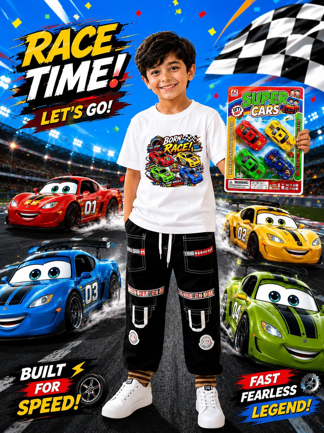 3-Piece Kids Gift Pack: DTF Printed T-Shirt, Jeans Trouser & 4 Toy Cars