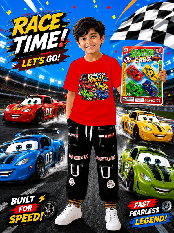 3-Piece Kids Gift Pack: DTF Printed T-Shirt, Jeans Trouser & 4 Toy Cars