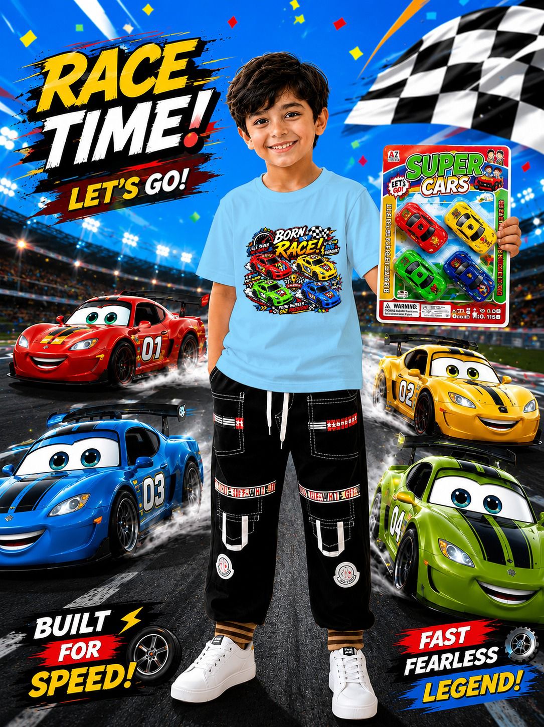 3-Piece Kids Gift Pack: DTF Printed T-Shirt, Jeans Trouser & 4 Toy Cars