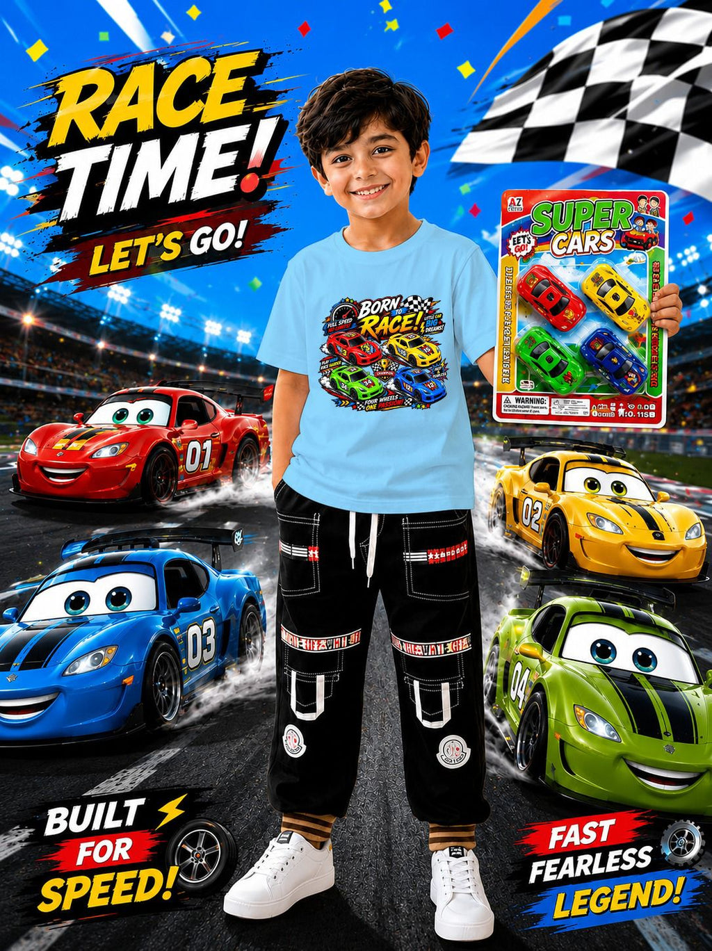 3-Piece Kids Gift Pack: DTF Printed T-Shirt, Jeans Trouser & 4 Toy Cars