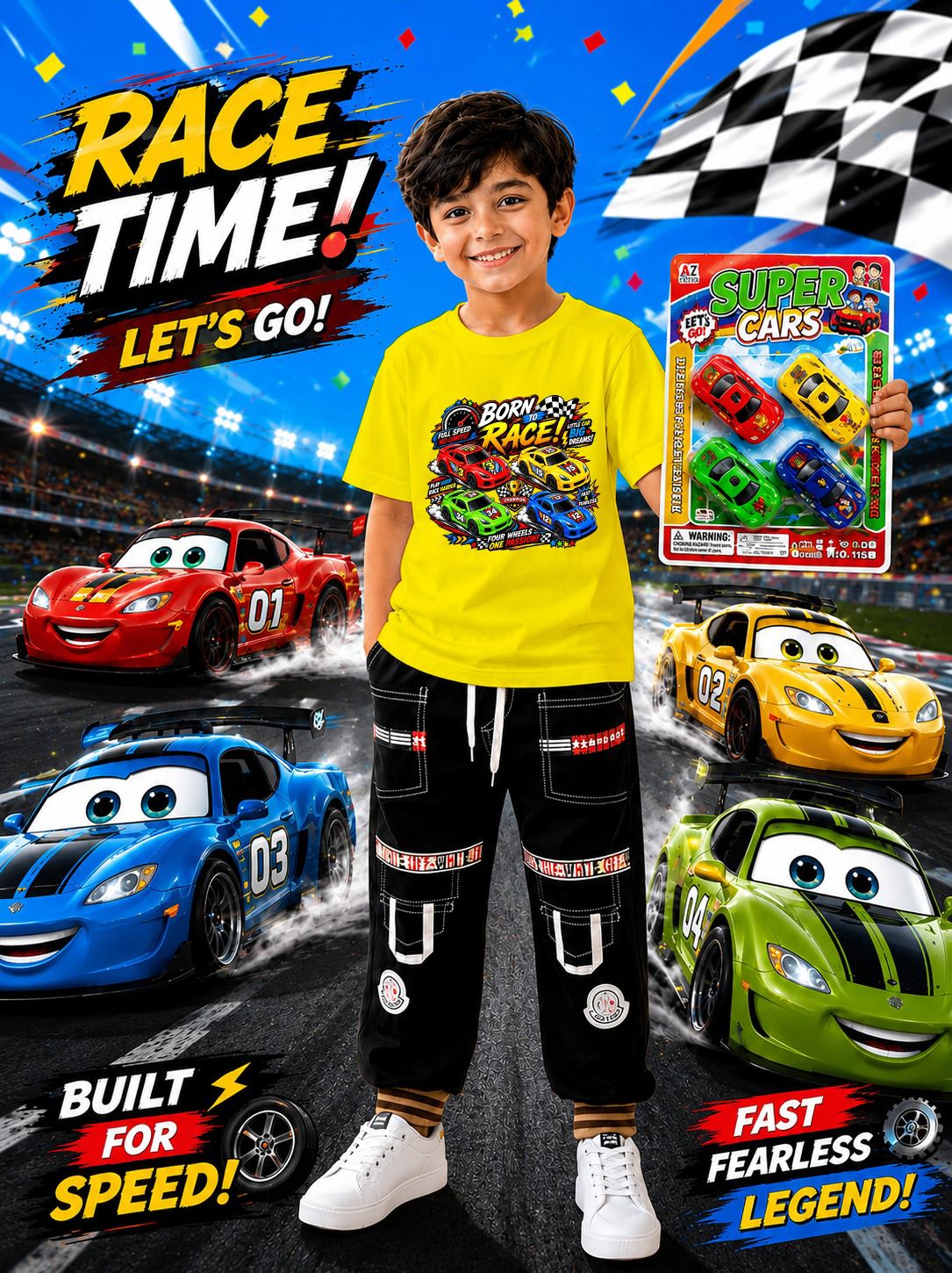3-Piece Kids Gift Pack: DTF Printed T-Shirt, Jeans Trouser & 4 Toy Cars