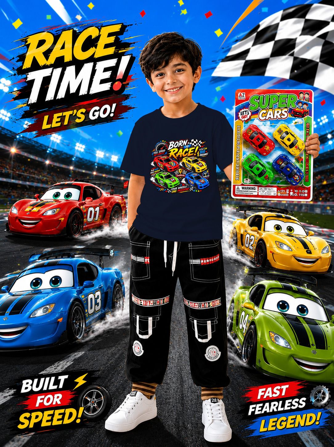 3-Piece Kids Gift Pack: DTF Printed T-Shirt, Jeans Trouser & 4 Toy Cars