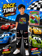 3-Piece Kids Gift Pack: DTF Printed T-Shirt, Jeans Trouser & 4 Toy Cars