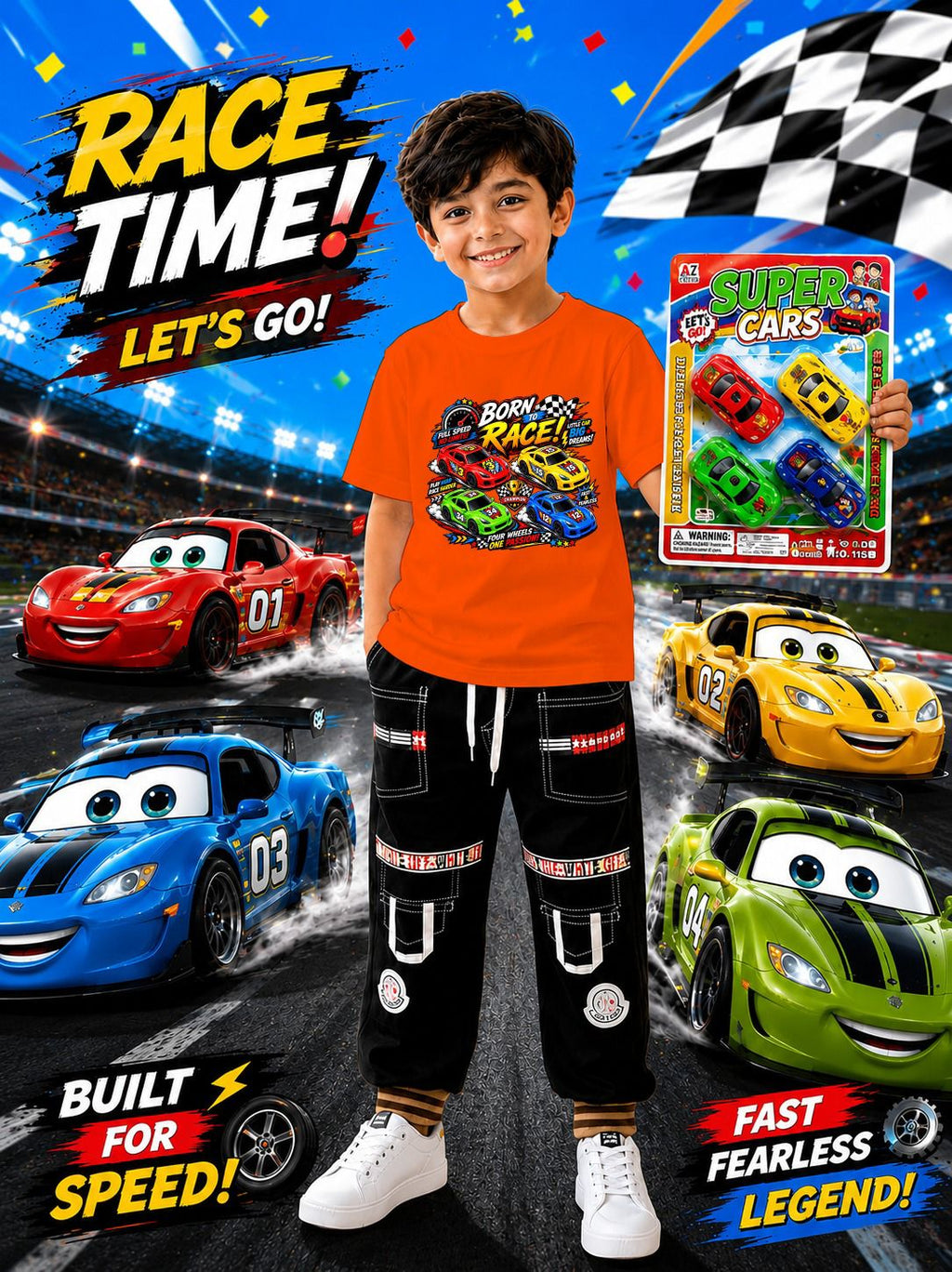 3-Piece Kids Gift Pack: DTF Printed T-Shirt, Jeans Trouser & 4 Toy Cars