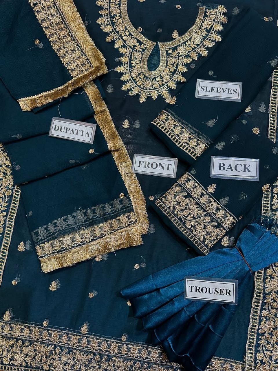 3-Piece Luxury Embroidered Chiffon Suit with Malai Trouser & Kiran Dupatta