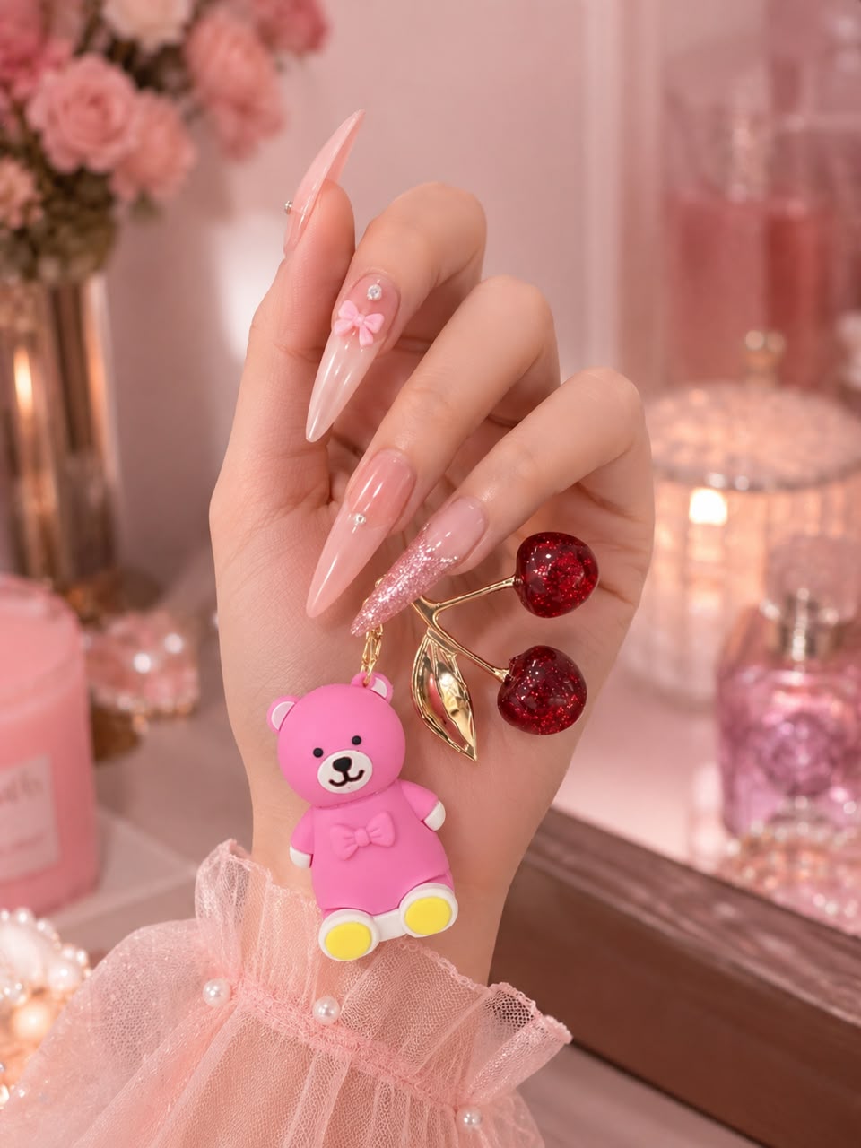 Teddy Gloss & Cherry Keychain Magic Pink Set – Hydrating Lip Gloss with Cute Bag Charm