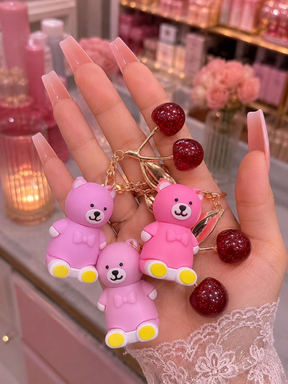 Teddy Gloss & Cherry Keychain Magic Pink Set – Hydrating Lip Gloss with Cute Bag Charm