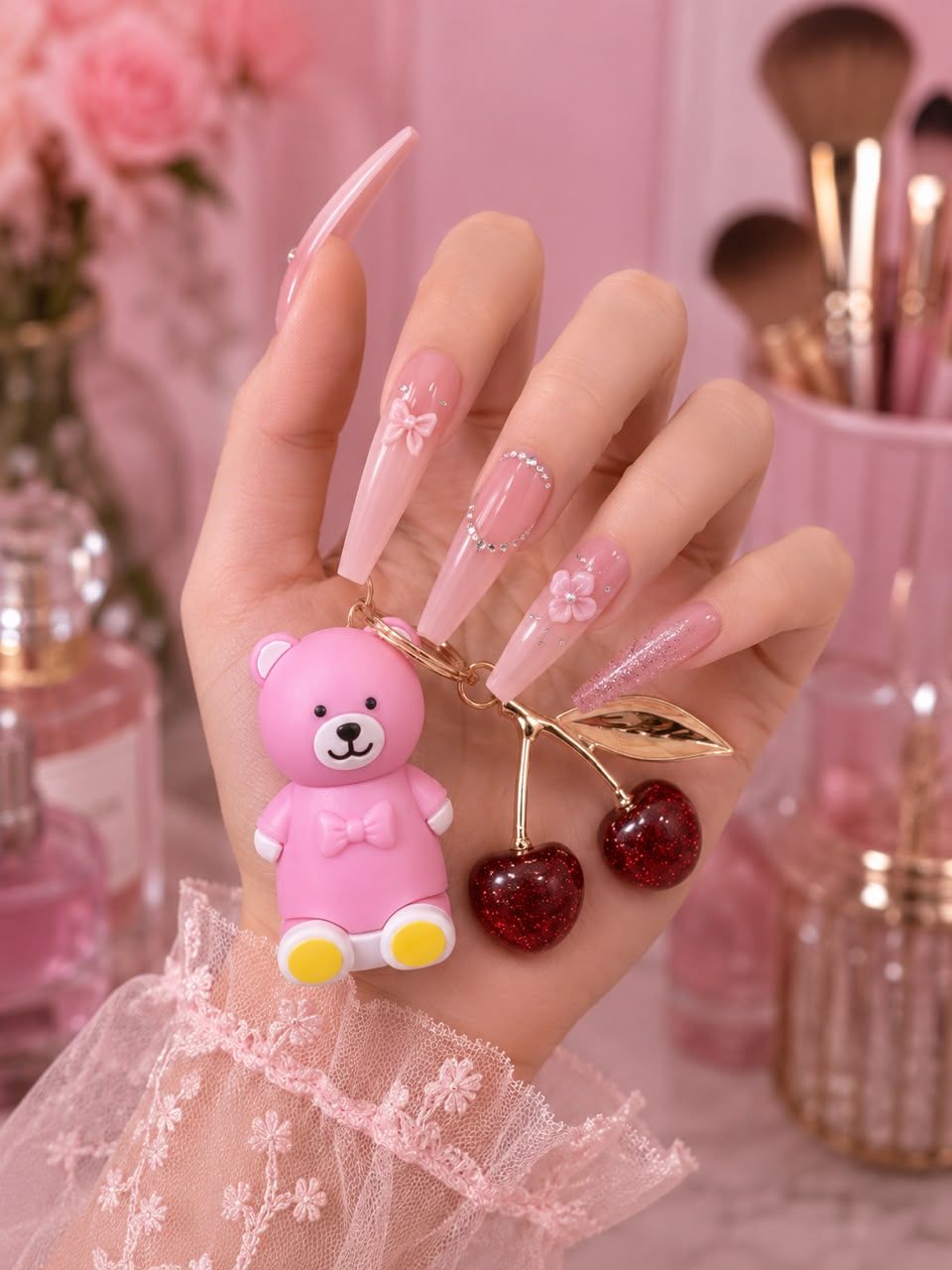 Teddy Gloss & Cherry Keychain Magic Pink Set – Hydrating Lip Gloss with Cute Bag Charm