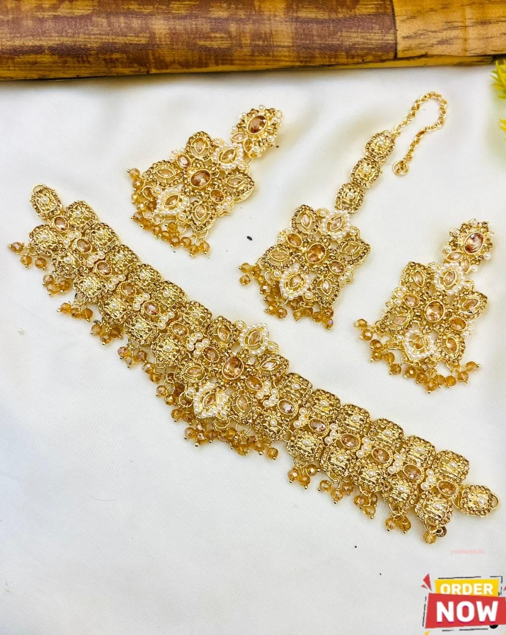 Fancy Zircon Stones Work Manjoos Choker Set with Earrings & Tika
