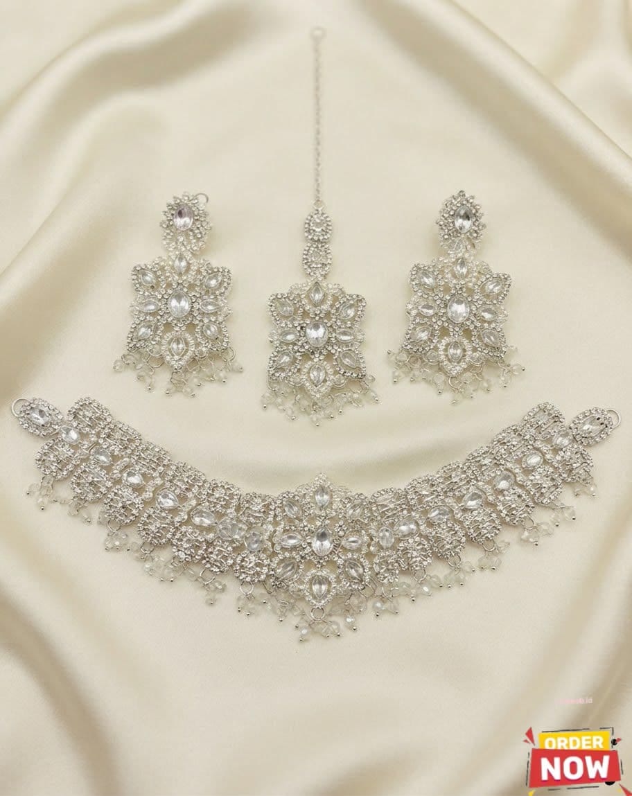 Fancy Zircon Stones Work Manjoos Choker Set with Earrings & Tika