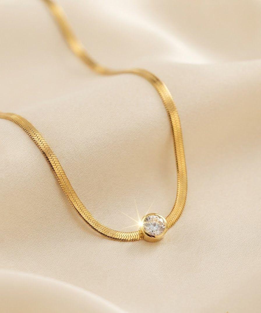Stainless Steel Single Diamond Snake Chain Pendant for Women | Elegant Minimalist Neckpiece