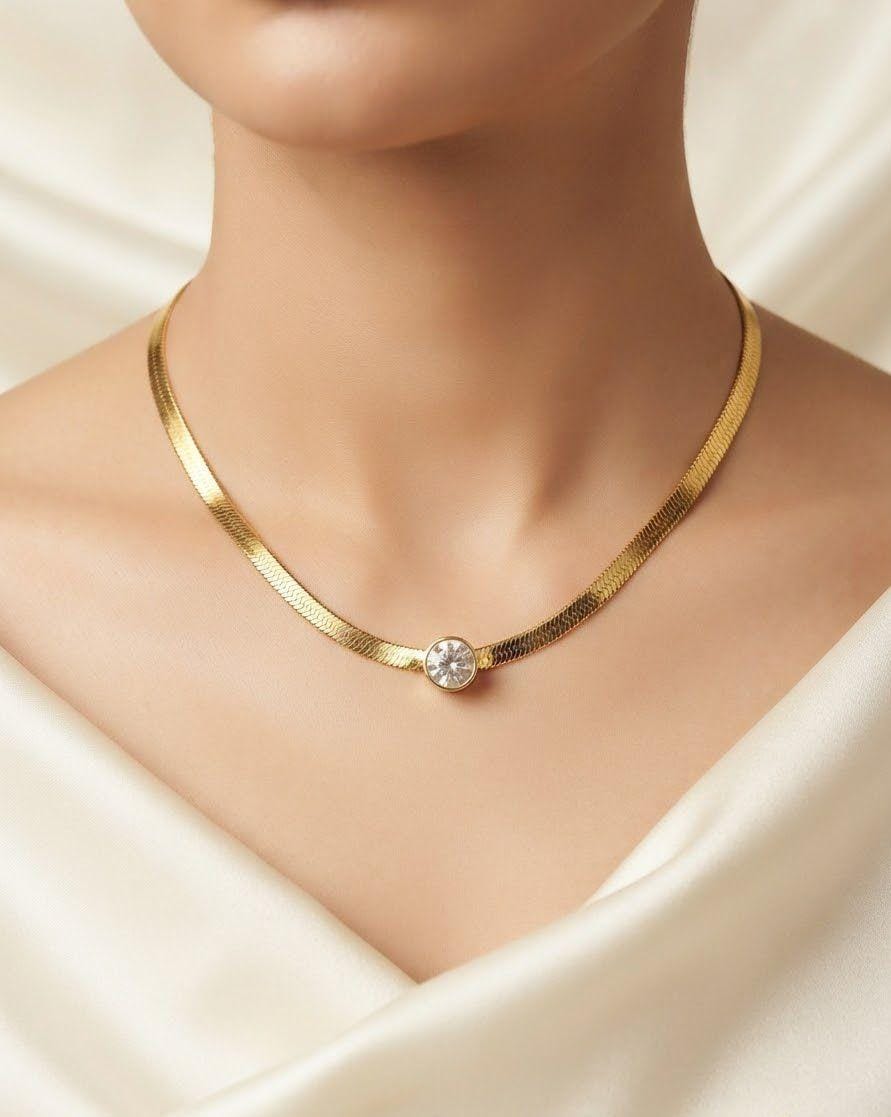 Stainless Steel Single Diamond Snake Chain Pendant for Women | Elegant Minimalist Neckpiece
