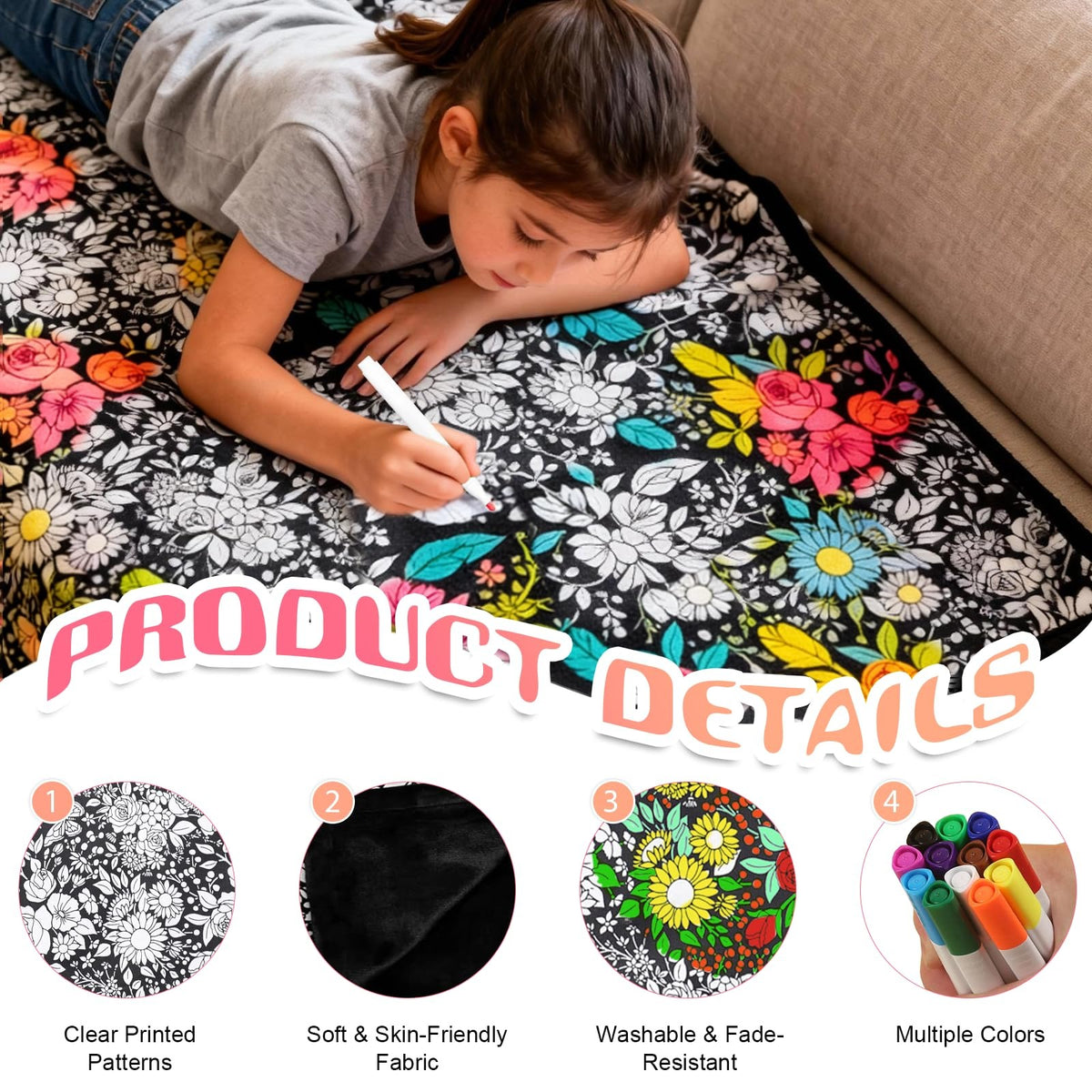 DIY Colorable Throw Blanket with 12 Washable Markers