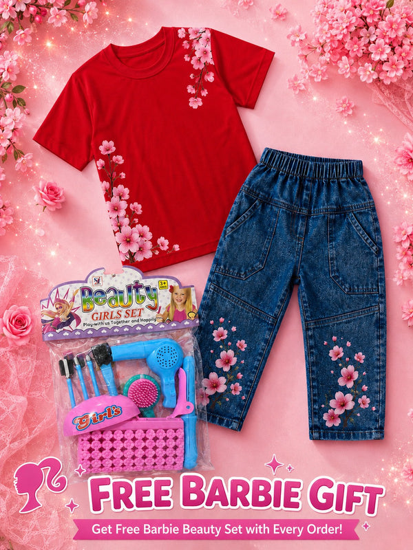 2-Piece Western Kids Tracksuit for Girls – Cotton T-Shirt & Denim Pant Set