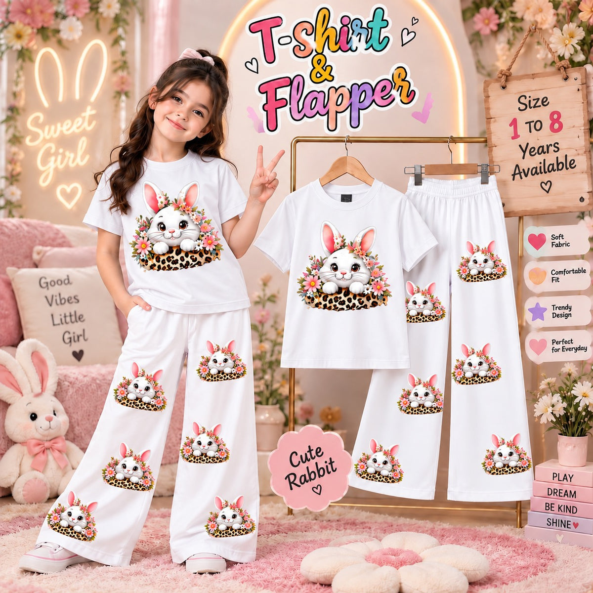 Ready to Wear 2-Piece Kids Rabbit Print T-Shirt and Flapper Set - Cotton Jersey Outfit